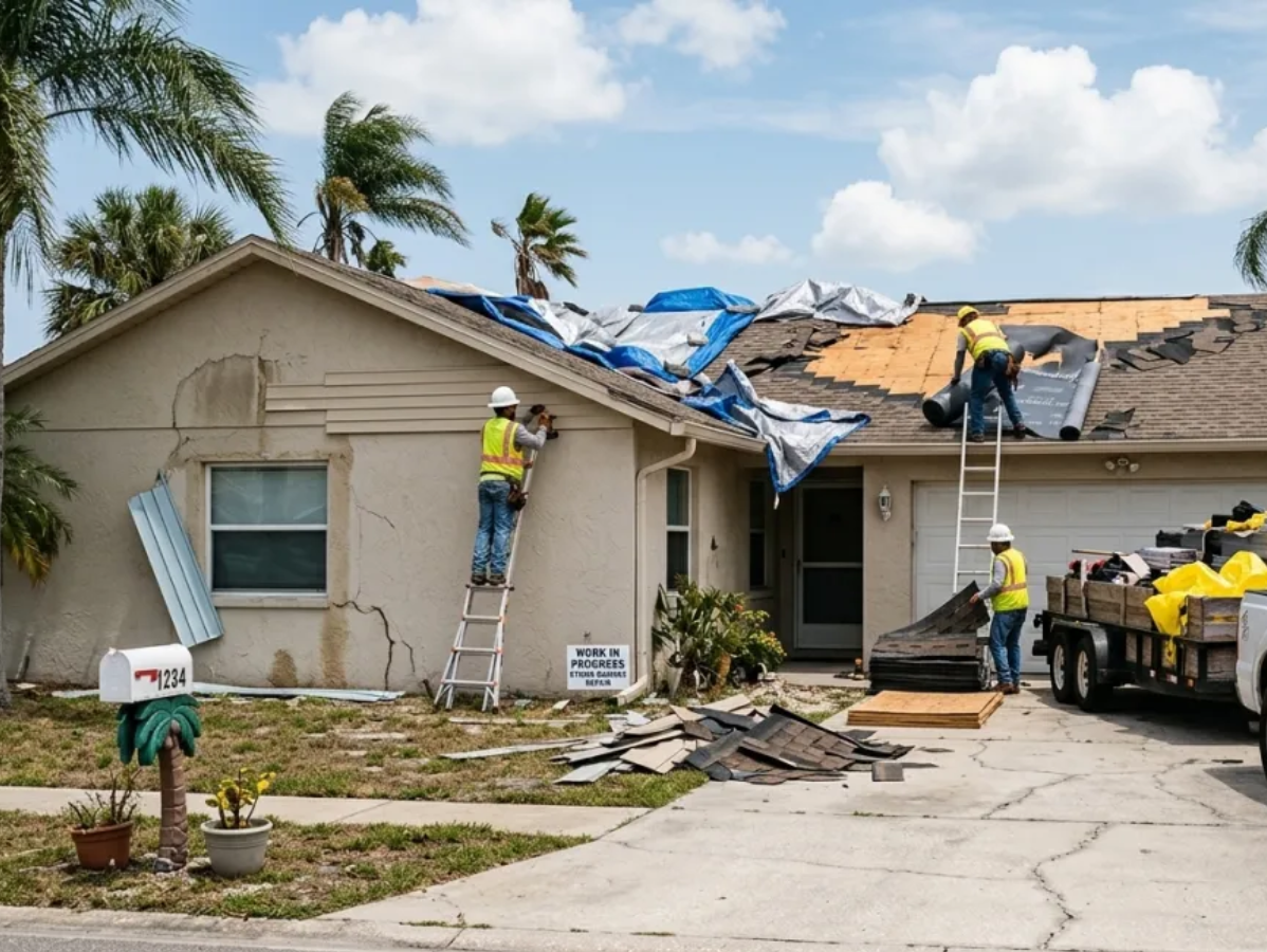 Storm-damaged house with roof repair workers and debris in the driveway