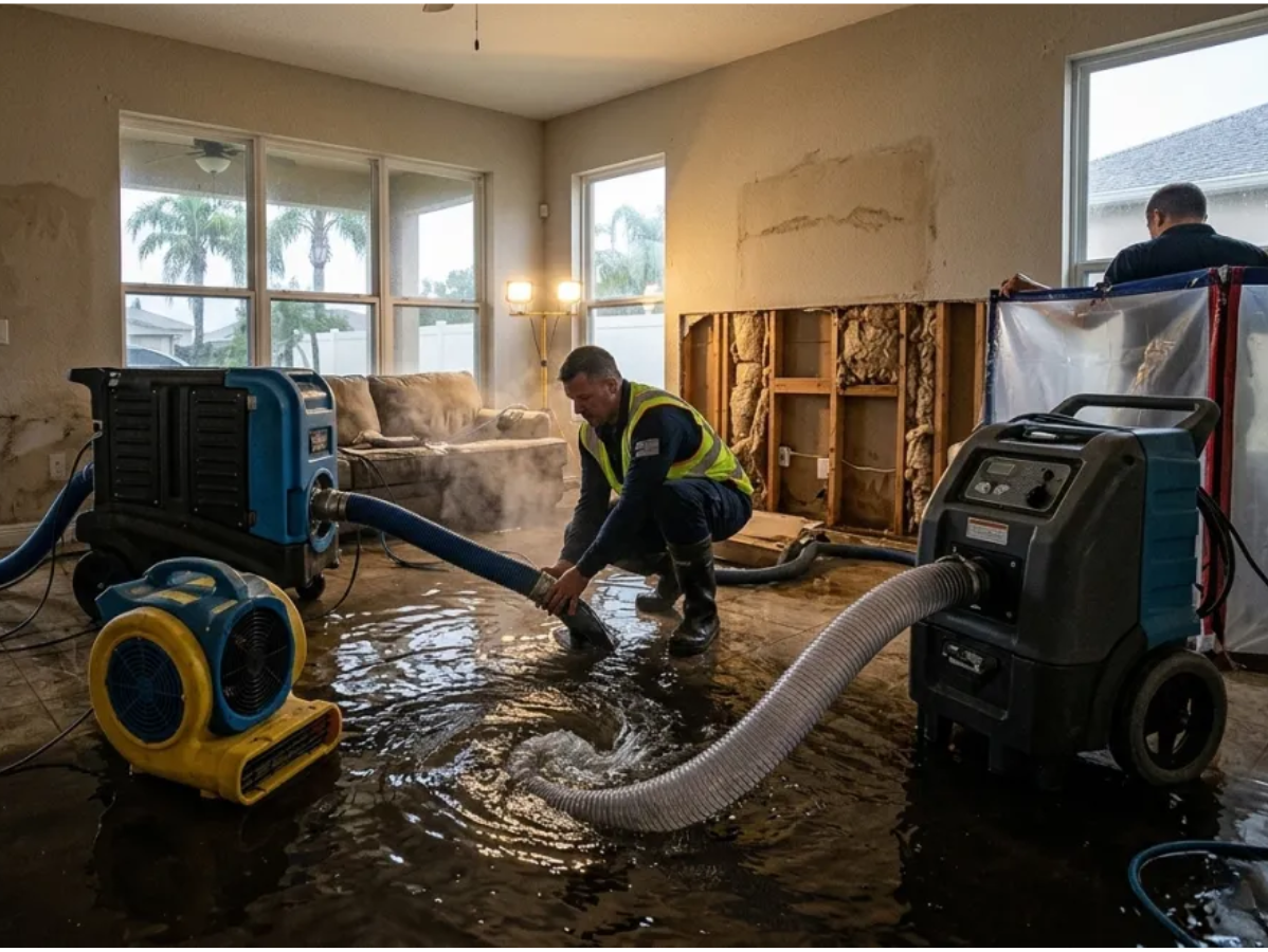 Workers using wet vacuums to remove floodwater from a damaged living room
