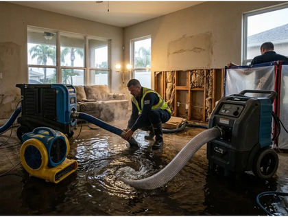 Workers using wet vacuums to remove floodwater from a damaged living room