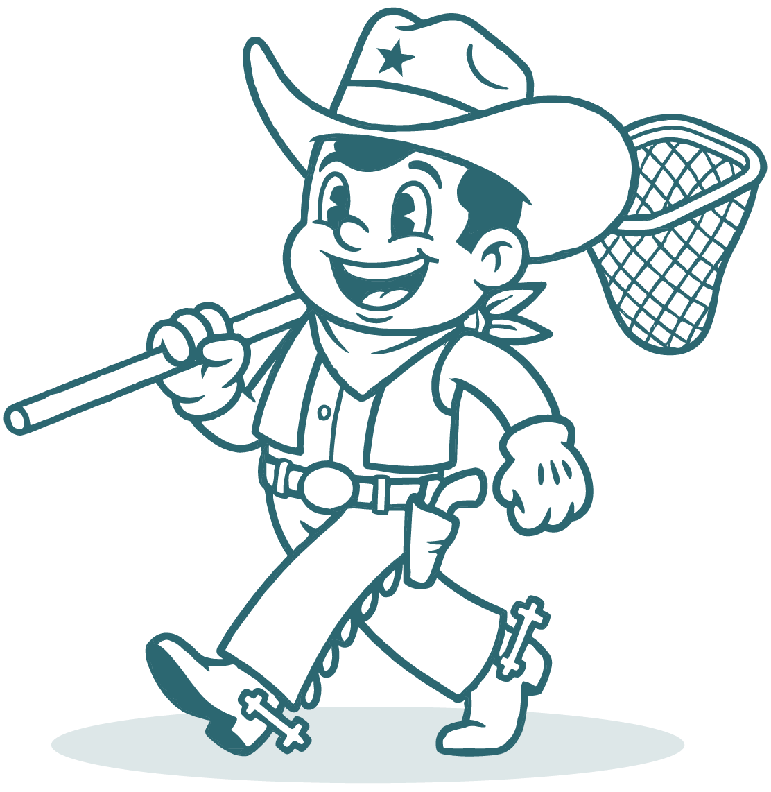 Smiling cowboy boy with net, walking.