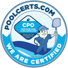 Circular badge: CPO Certified Pool & Spa Operator logo with a smiling cartoon pool operator.