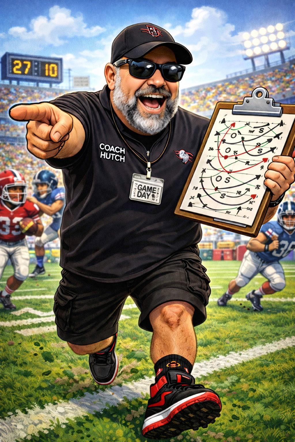 Football coach, arms crossed, on the field. Blue shirt, serious expression, players in background.