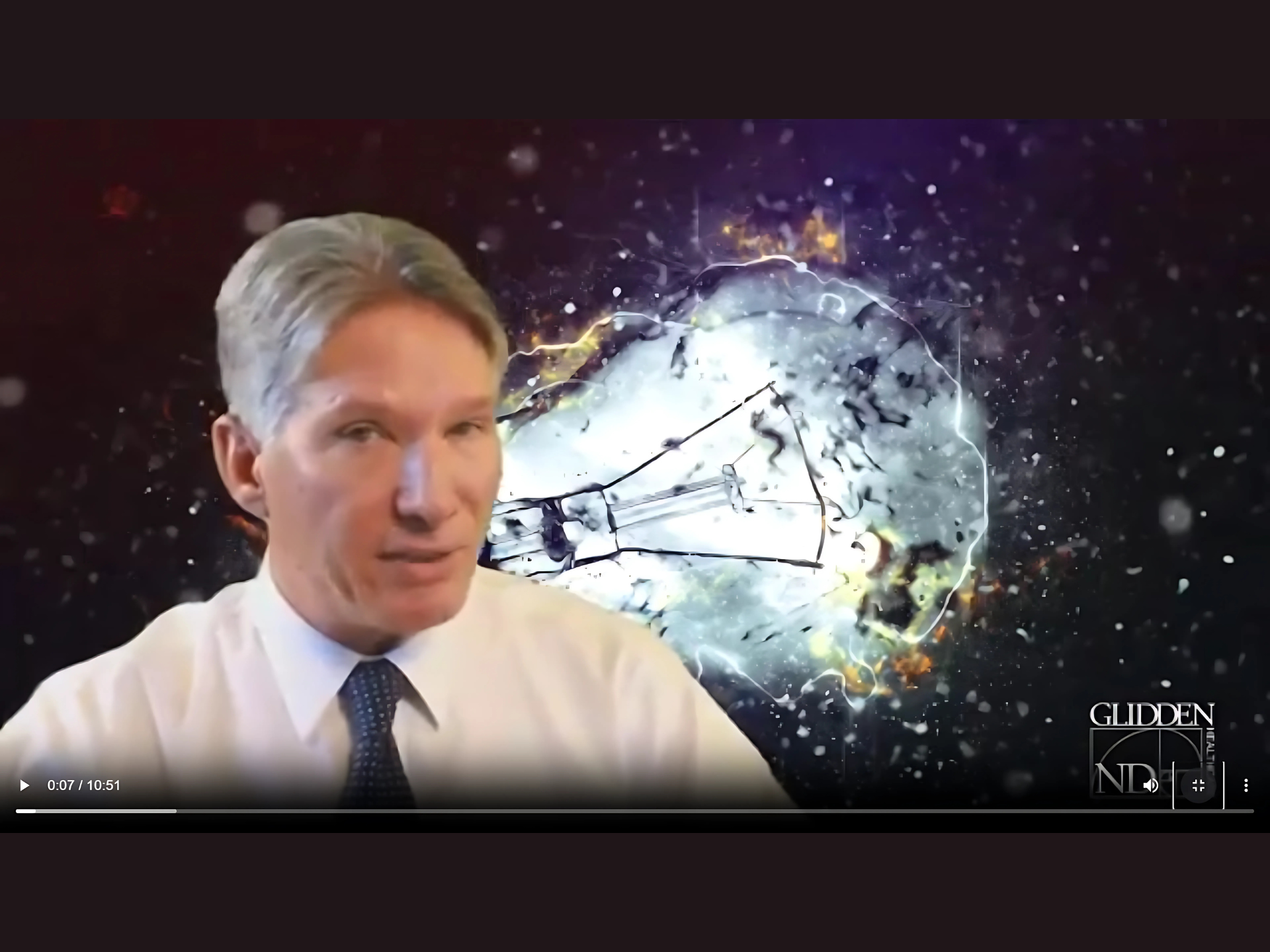 Man in a white shirt and tie in front of a glowing abstract digital brain background.