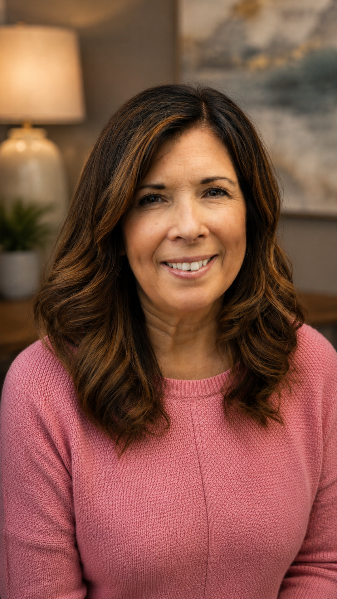 Woman in a pink sweater smiling indoors with a lamp and painting in the background