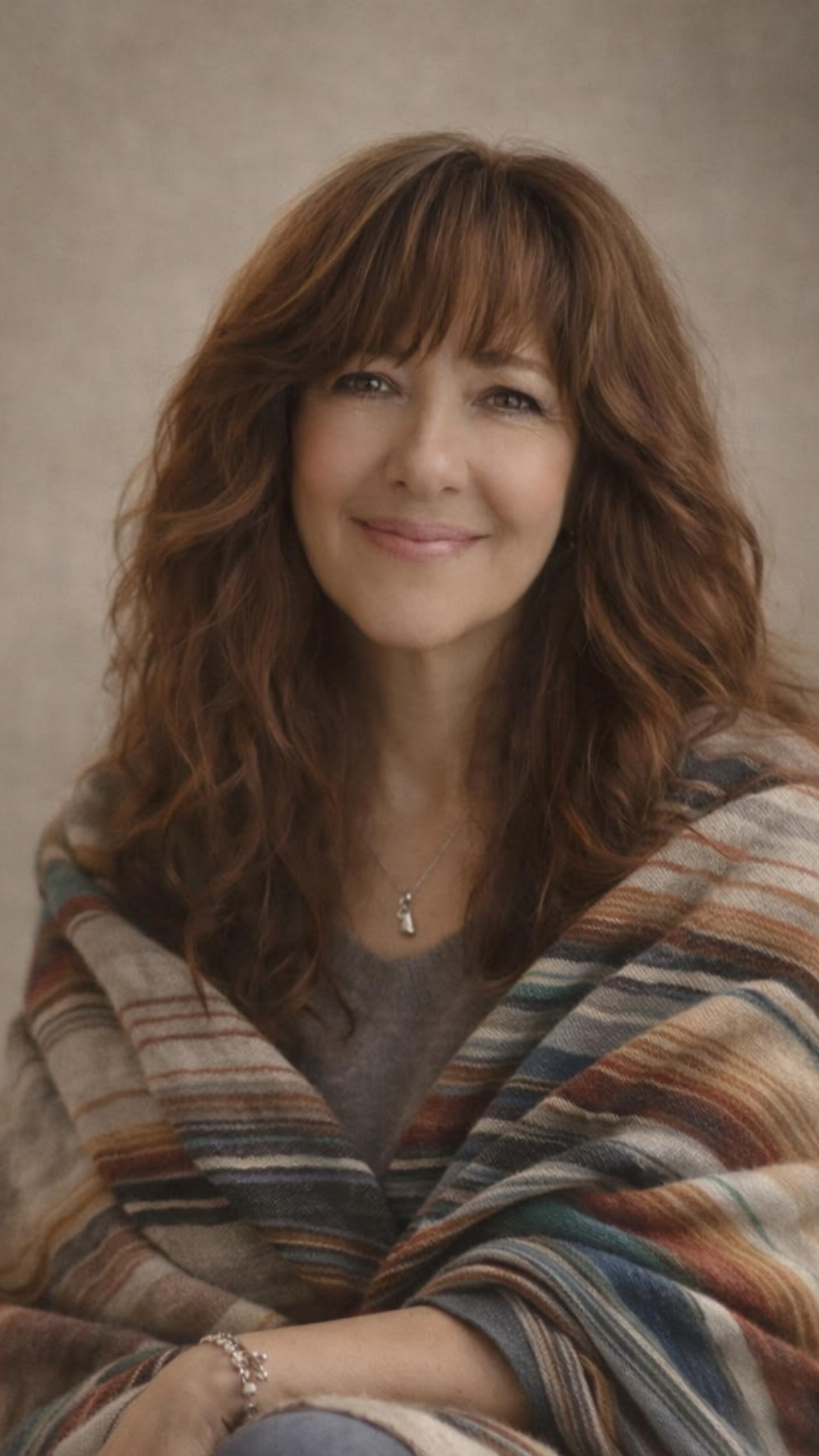 Portrait of a smiling woman with long brown hair wearing a striped shawl against a neutral background