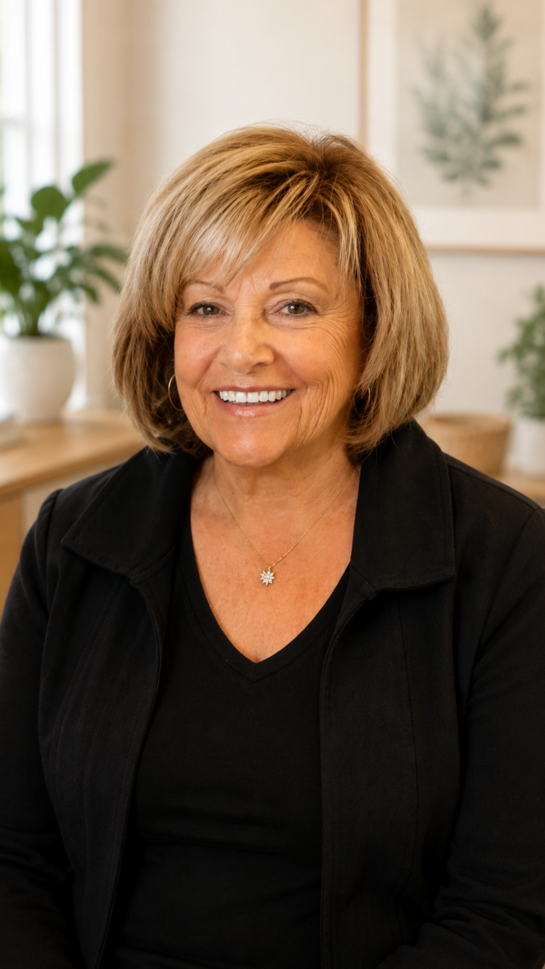 Smiling woman with short blonde hair in a black top, seated indoors with a softly lit background