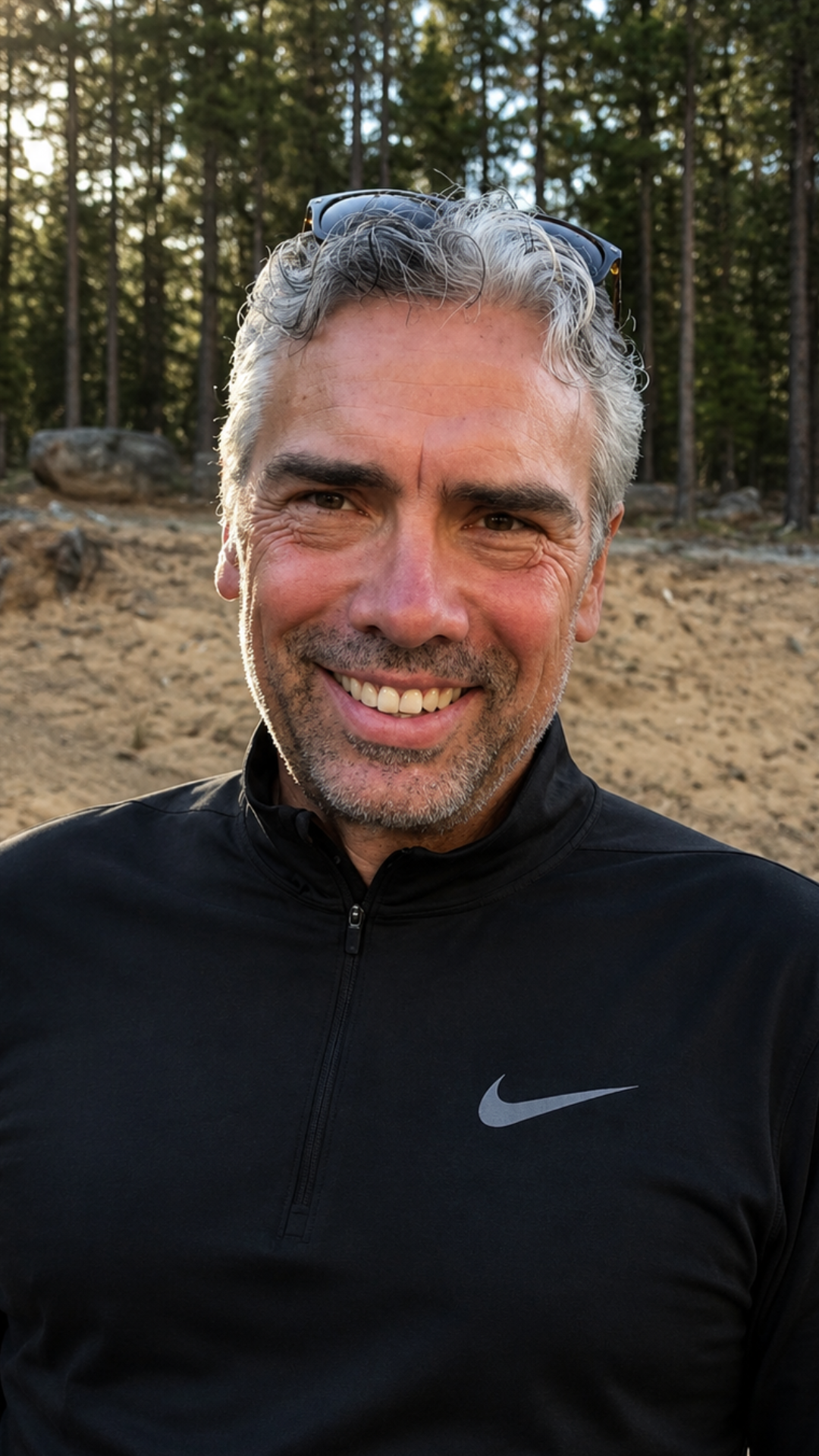 Smiling man in a black Nike shirt standing outdoors in a wooded area