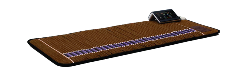 A brown woven mat with a black control panel and a row of blue stones along one edge.