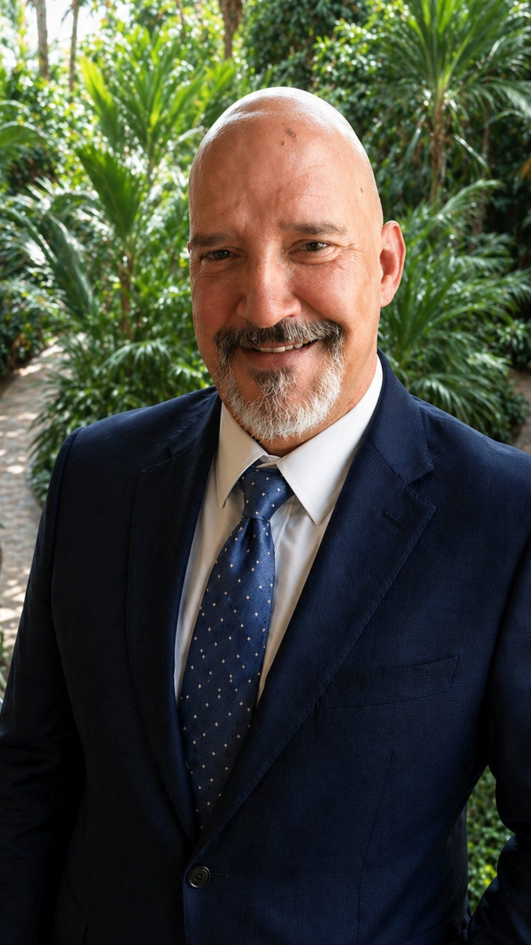 Smiling man in a navy suit and tie, standing outdoors in front of lush green palm plants