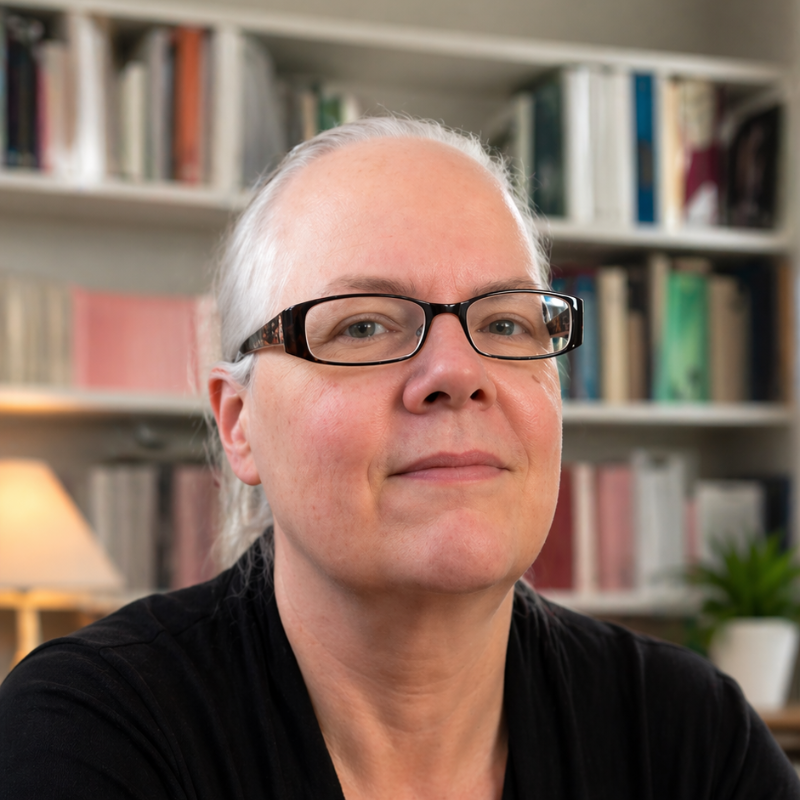 Portrait of a person wearing glasses in front of a blurred bookshelf, with a lamp and plant nearby