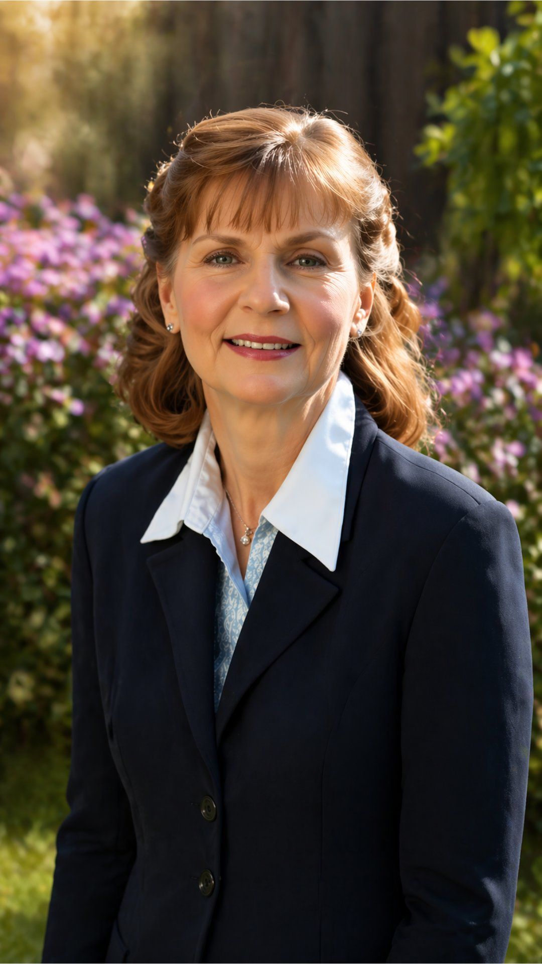 Woman in a dark blazer and white shirt standing outdoors in front of purple flowers and greenery