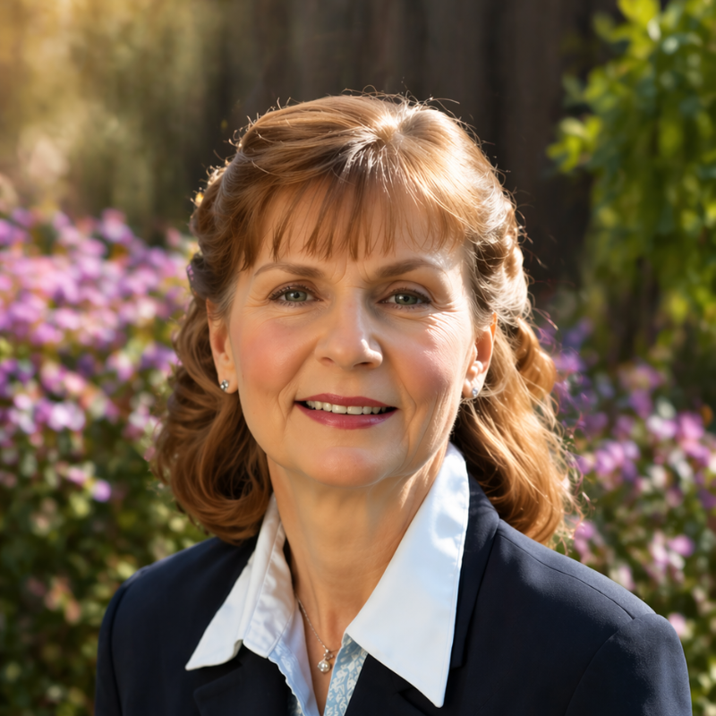 Portrait of a smiling woman outdoors with purple flowers and soft sunlight in the background