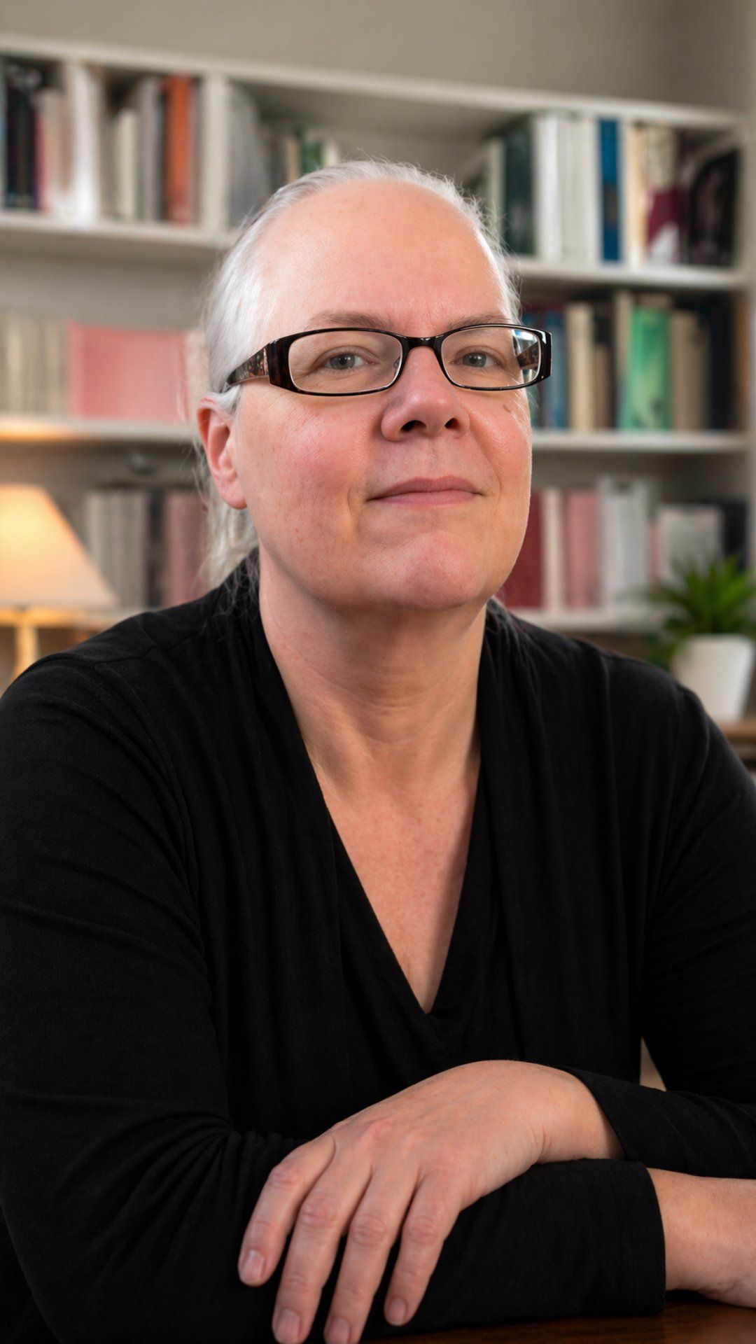 Person with glasses in a black top, seated indoors in front of bookshelves.