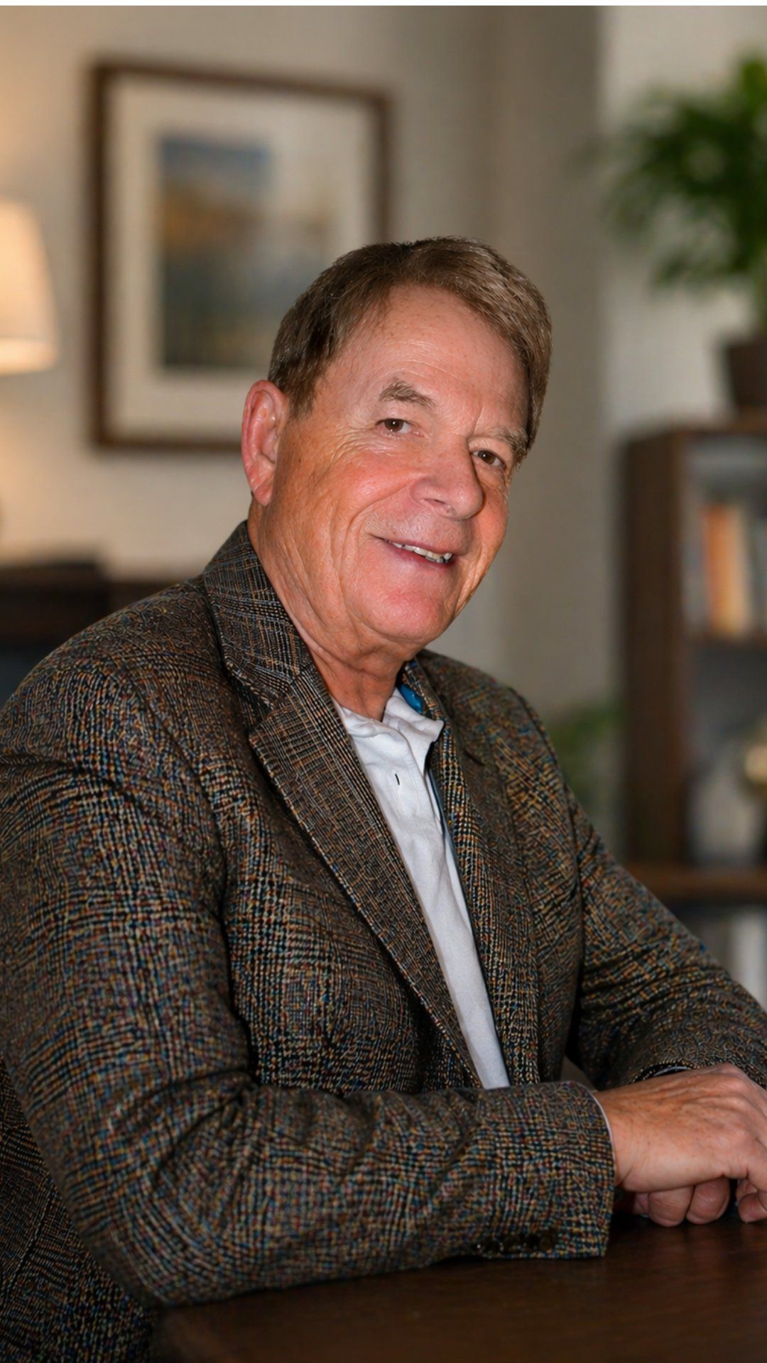 Portrait of a smiling man seated indoors in a brown tweed jacket, with a softly blurred background