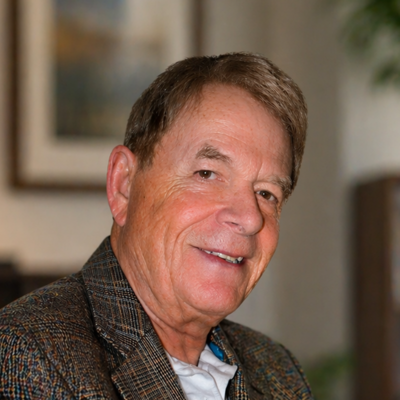 Portrait of a smiling man seated indoors in a brown tweed jacket, with a softly blurred background
