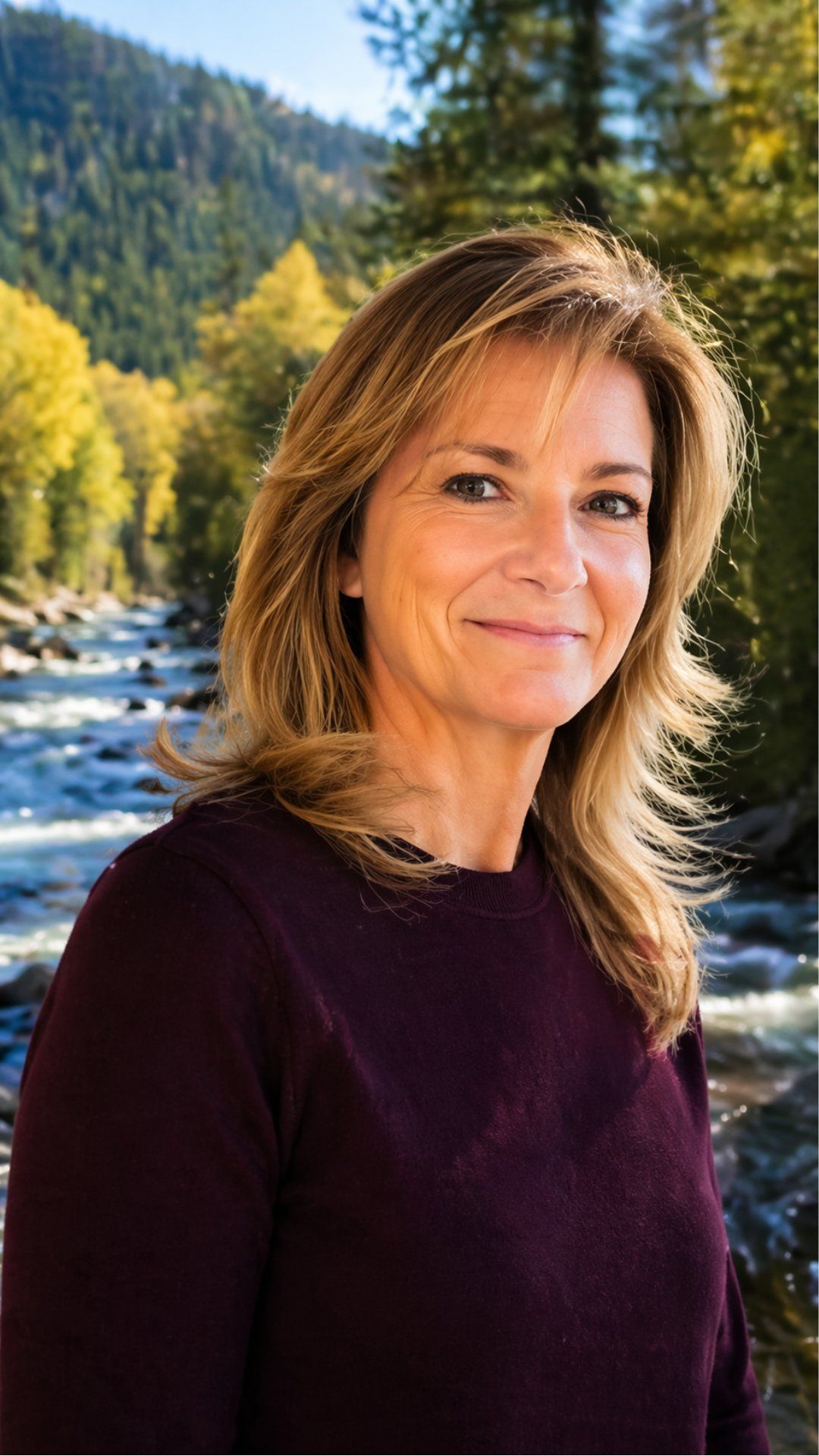 Smiling person in a maroon sweater standing by a river with mountains and autumn trees in the background