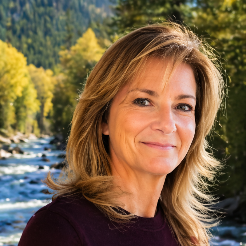 Smiling person in a maroon sweater standing by a river with mountains and autumn trees in the background