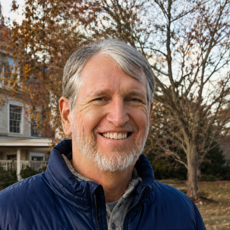 Smiling man in a blue jacket outdoors with trees and a house in the background