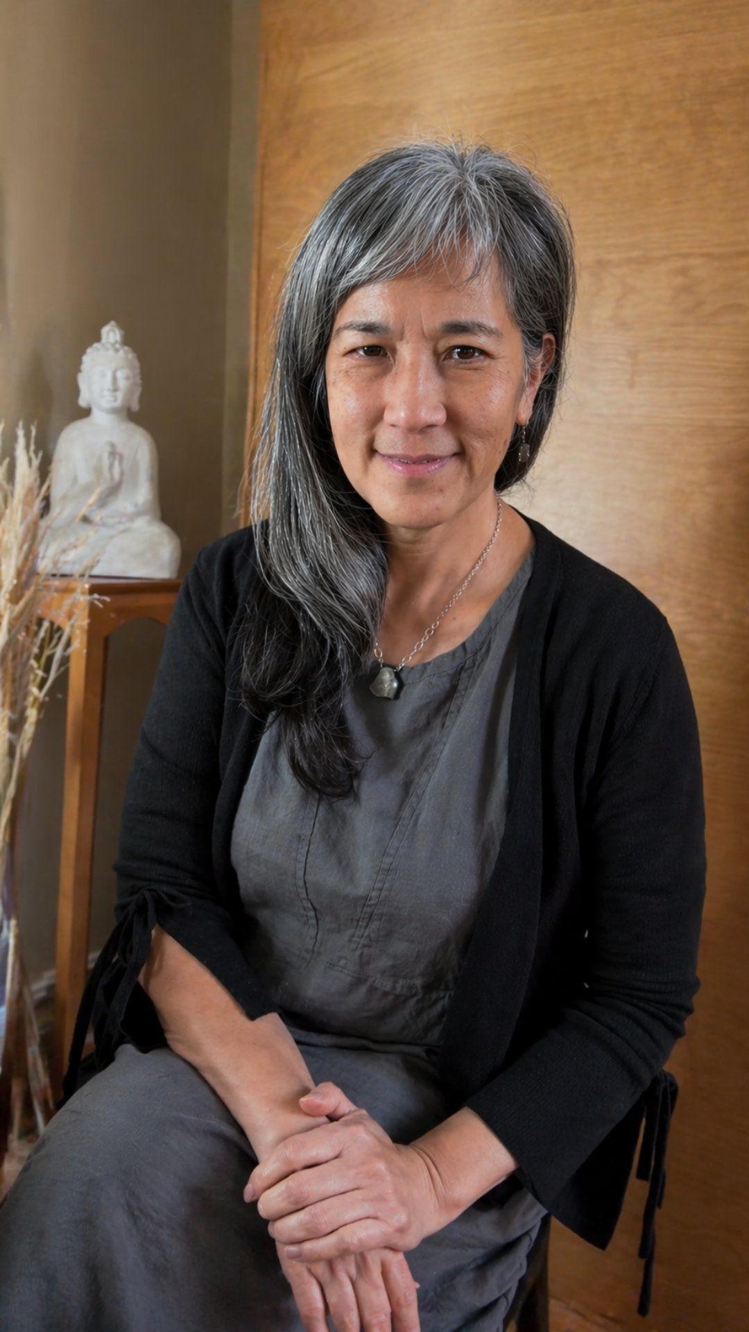 Woman seated indoors beside a small white Buddha statue, wearing a black cardigan and gray top, gently smiling.