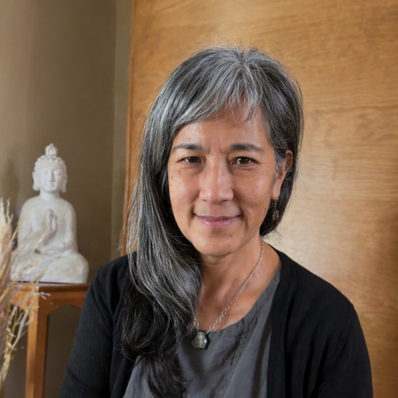 Portrait of a person with gray hair in a black top, seated beside a small white statue