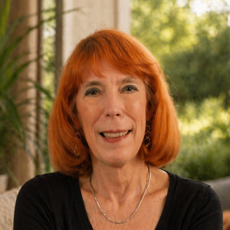 Portrait of a smiling woman with red hair outdoors, wearing a black top and silver necklace.