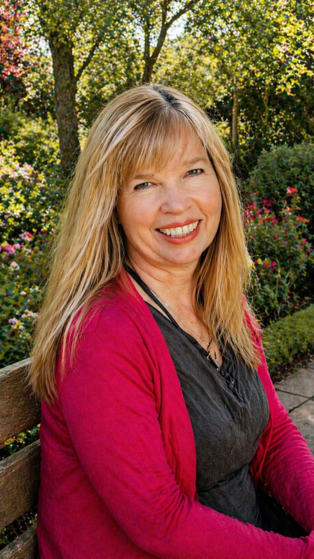 Smiling woman in a pink cardigan sits outdoors with trees and flowers in the background