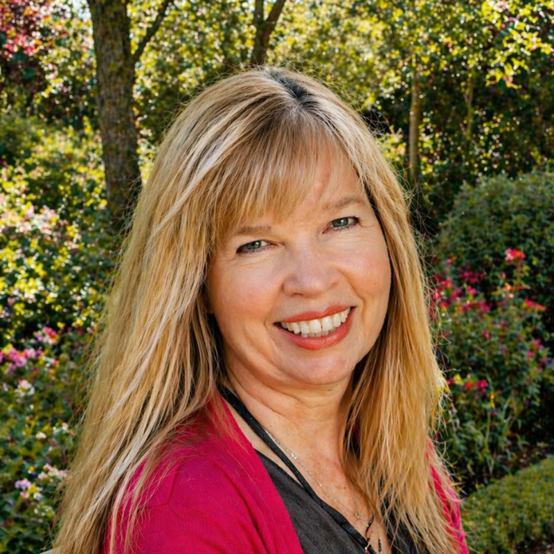 Smiling blonde woman in a pink top standing outdoors in a leafy garden