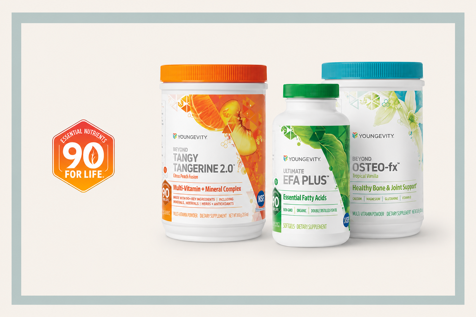Three dietary supplement bottles with orange, green, and blue caps beside a 90-day badge