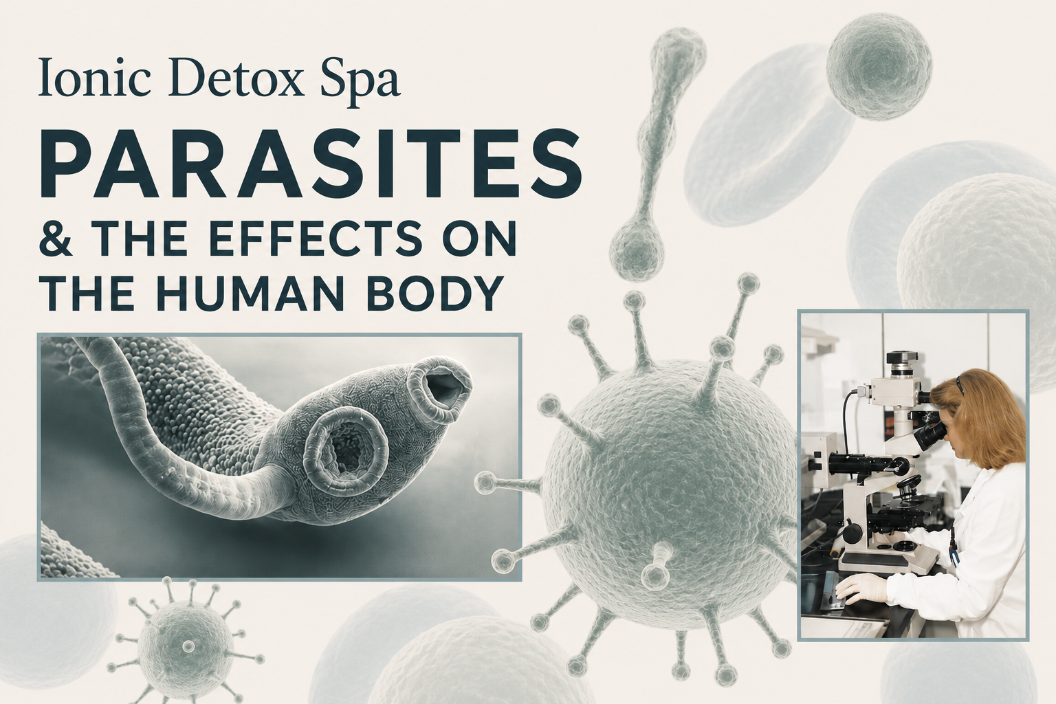 Ionic Detox Spa poster about parasites, with microscope imagery and a scientist examining samples