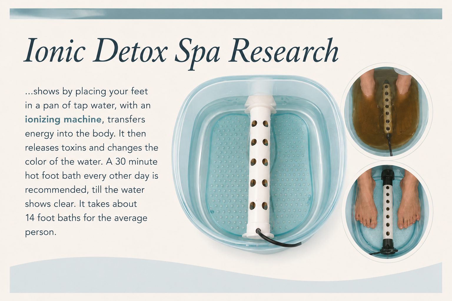Spa bath product graphic with blue foot soak basin, white heater, and two zoomed-in detail circles