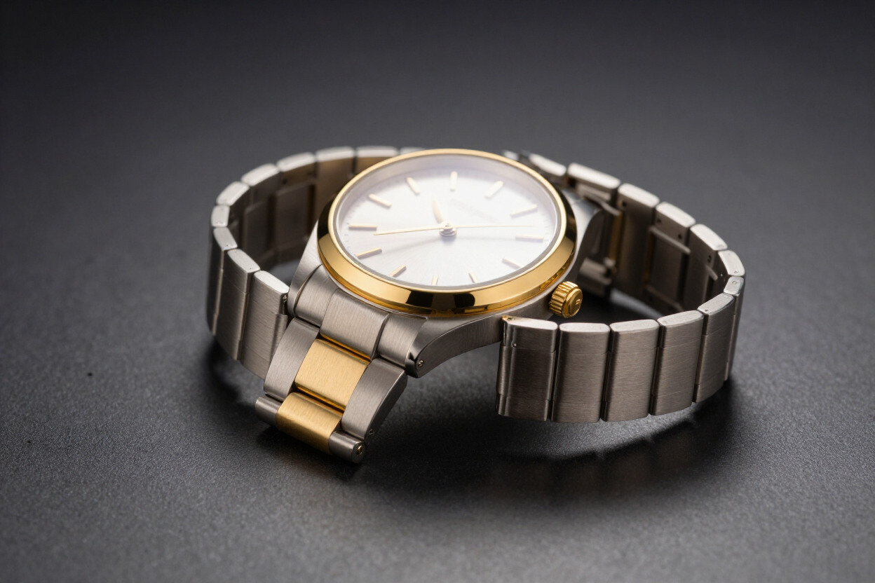 Reloj de pulsera bicolor con esfera blanca y bisel dorado sobre una superficie oscura