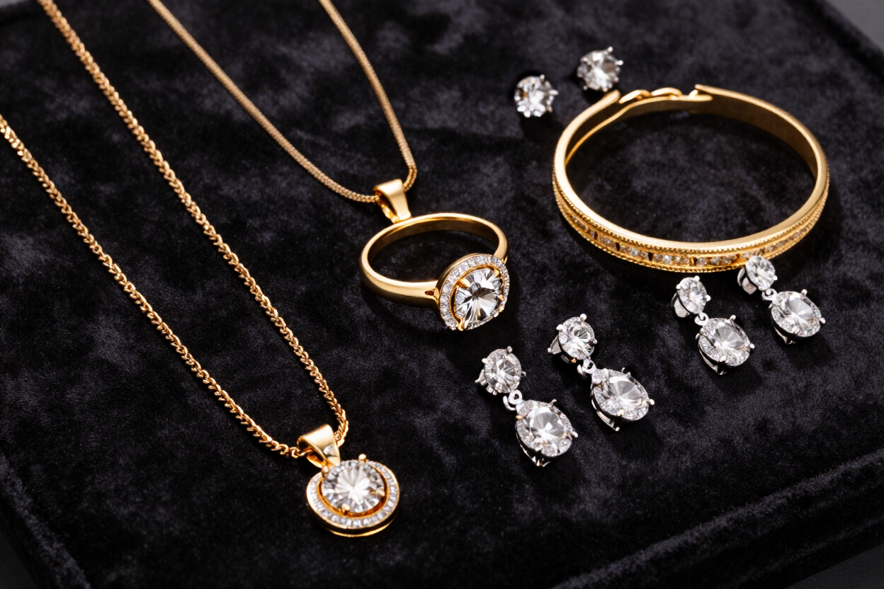 Collares de oro, pulsera y pendientes de diamantes sobre un expositor de terciopelo negro