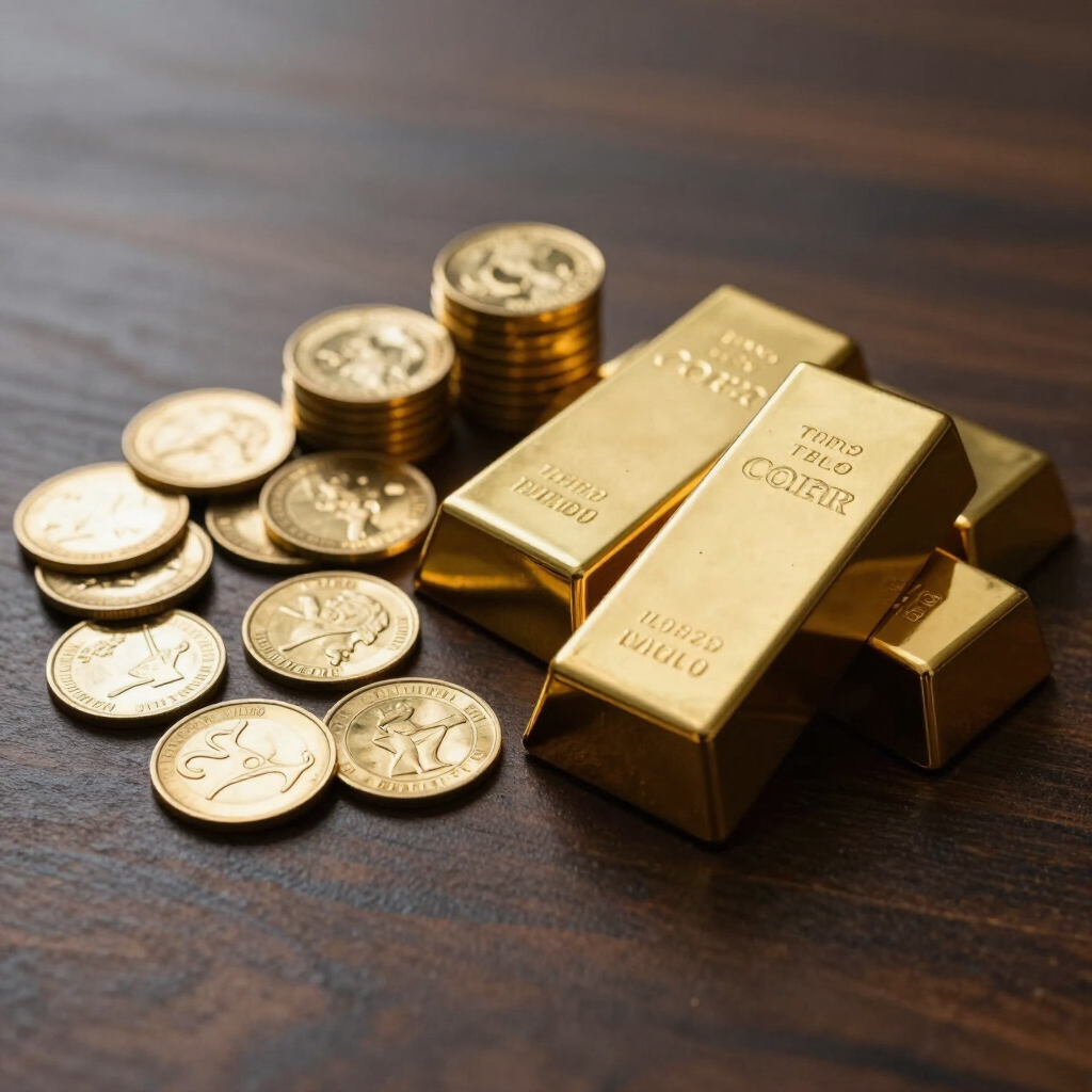 Montones de lingotes y monedas de oro sobre una superficie de madera oscura