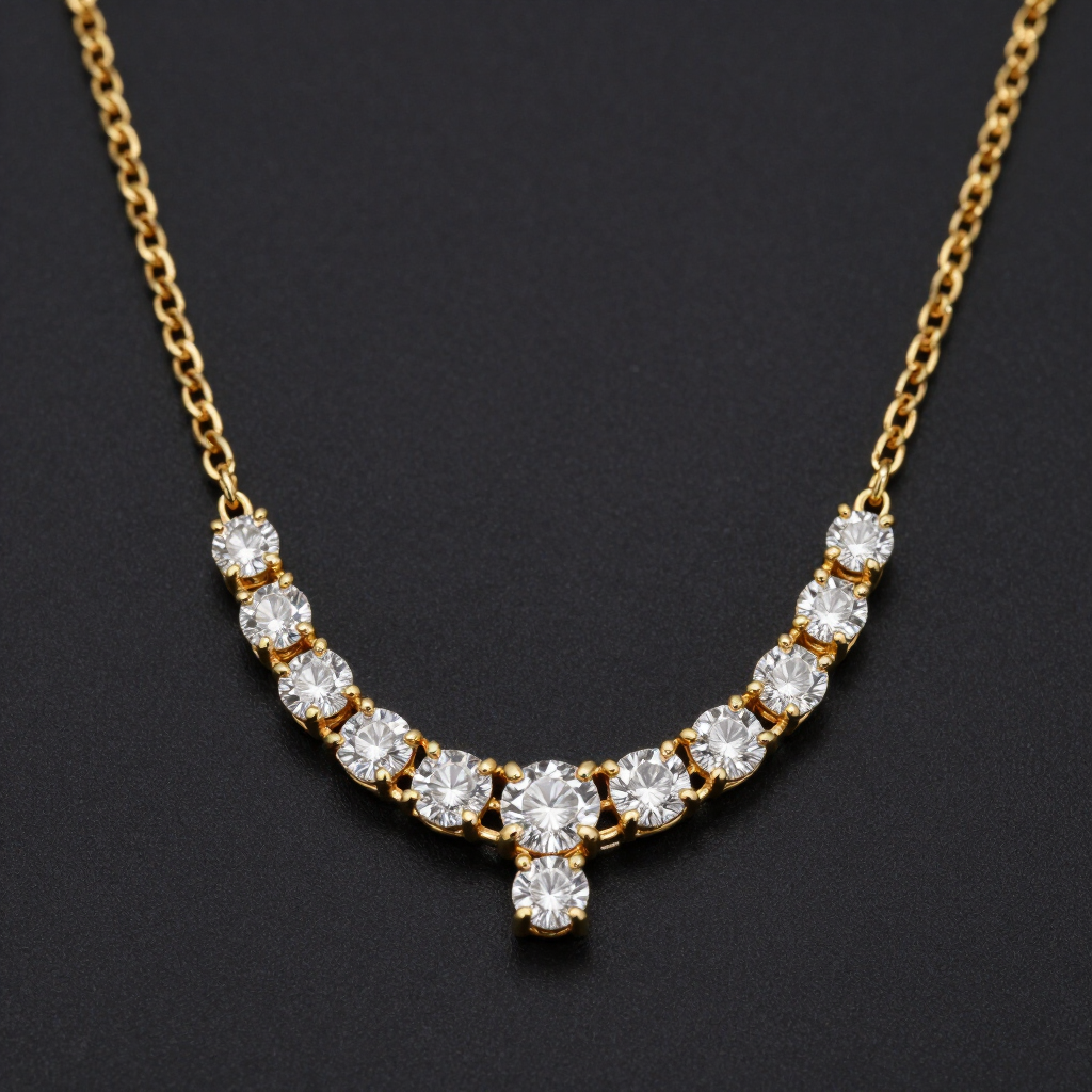 Collar de oro con una hilera curva de gemas transparentes y una piedra colgante en el centro sobre un fondo oscuro
