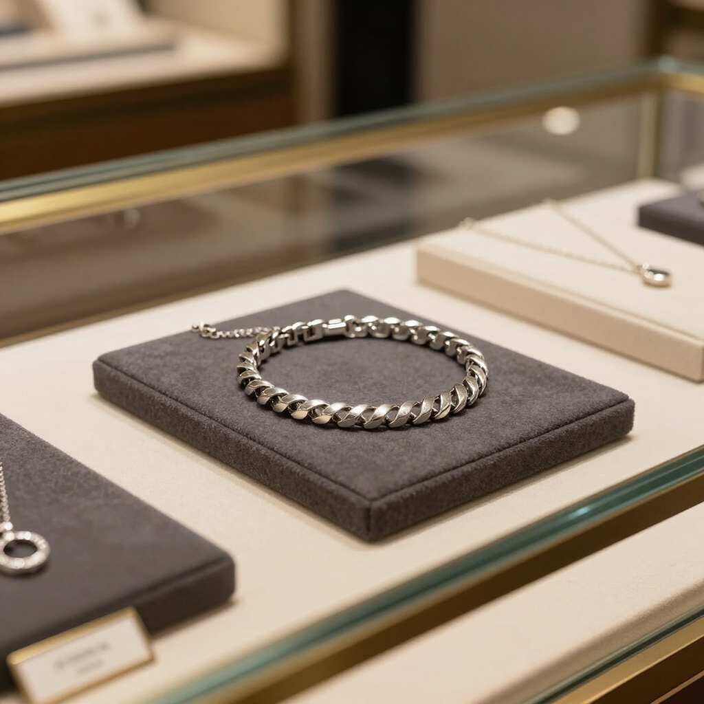 Una pulsera plateada de cuentas exhibida sobre un soporte de terciopelo negro dentro de una vitrina de joyería de cristal