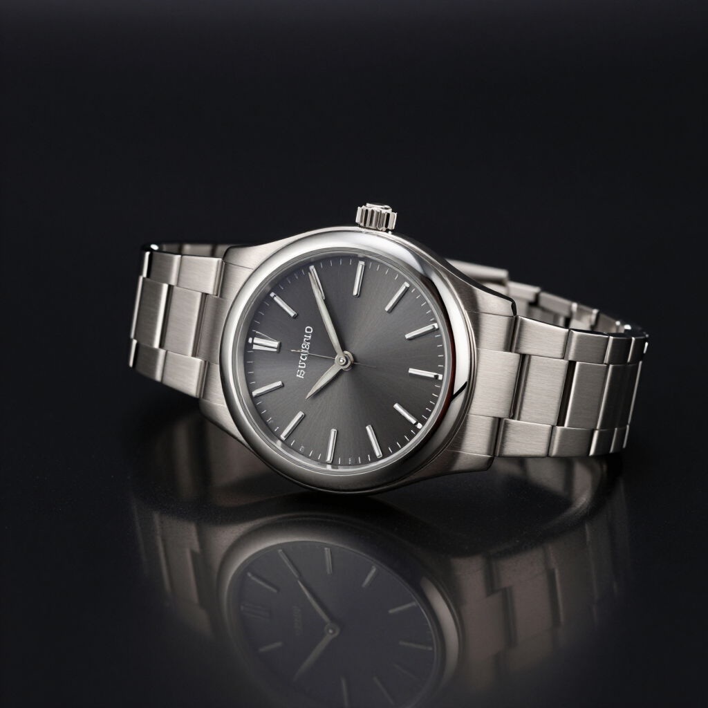 Reloj de pulsera plateado con esfera oscura sobre una superficie negra reflectante, centrado sobre un fondo negro