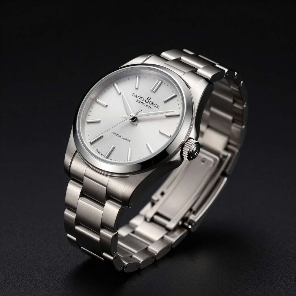 Reloj de pulsera plateado con correa metálica sobre un fondo oscuro