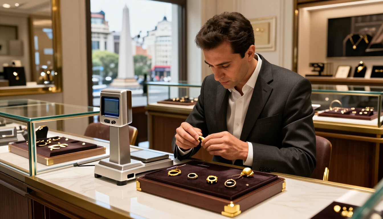 Un joyero examinando un anillo en el mostrador de exhibición de una joyería de lujo bien iluminada