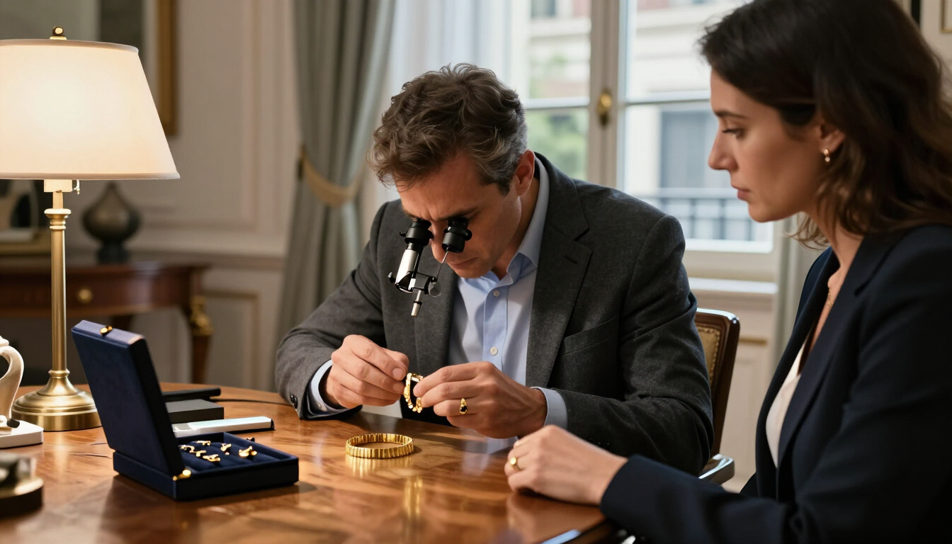 Dos personas vestidas de manera formal revisando un documento en un escritorio de una oficina elegante.