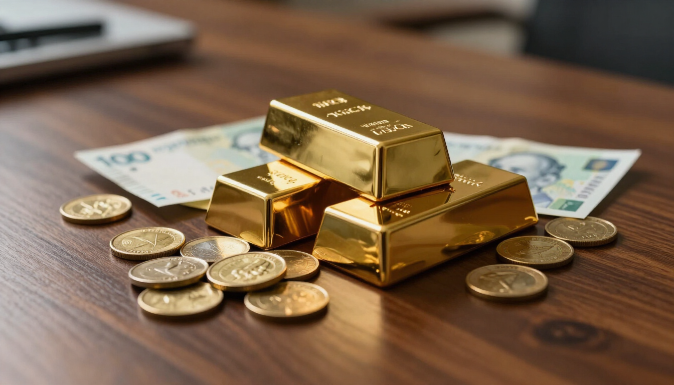 Lingotes y monedas de oro sobre una mesa de madera, con billetes de euro al fondo