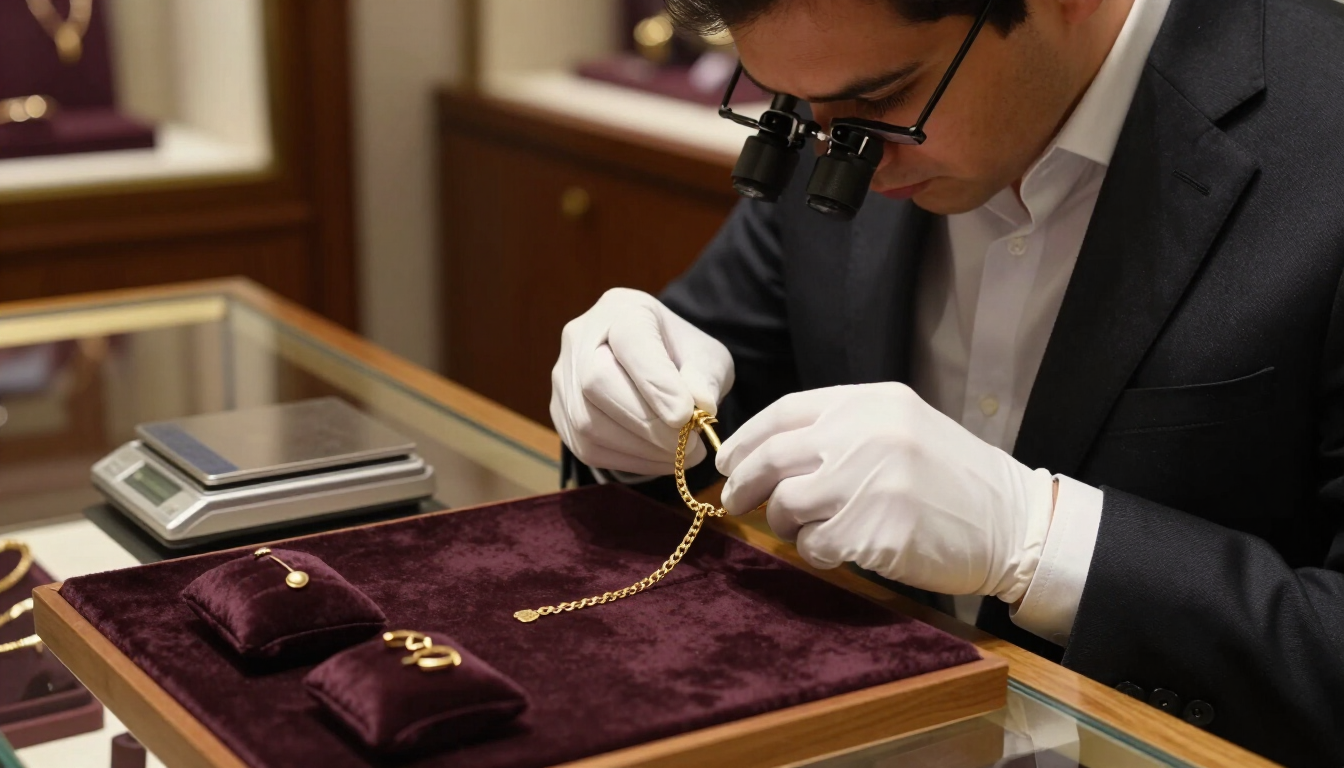 Joyero examinando un collar de oro con una lupa en el mostrador de exhibición