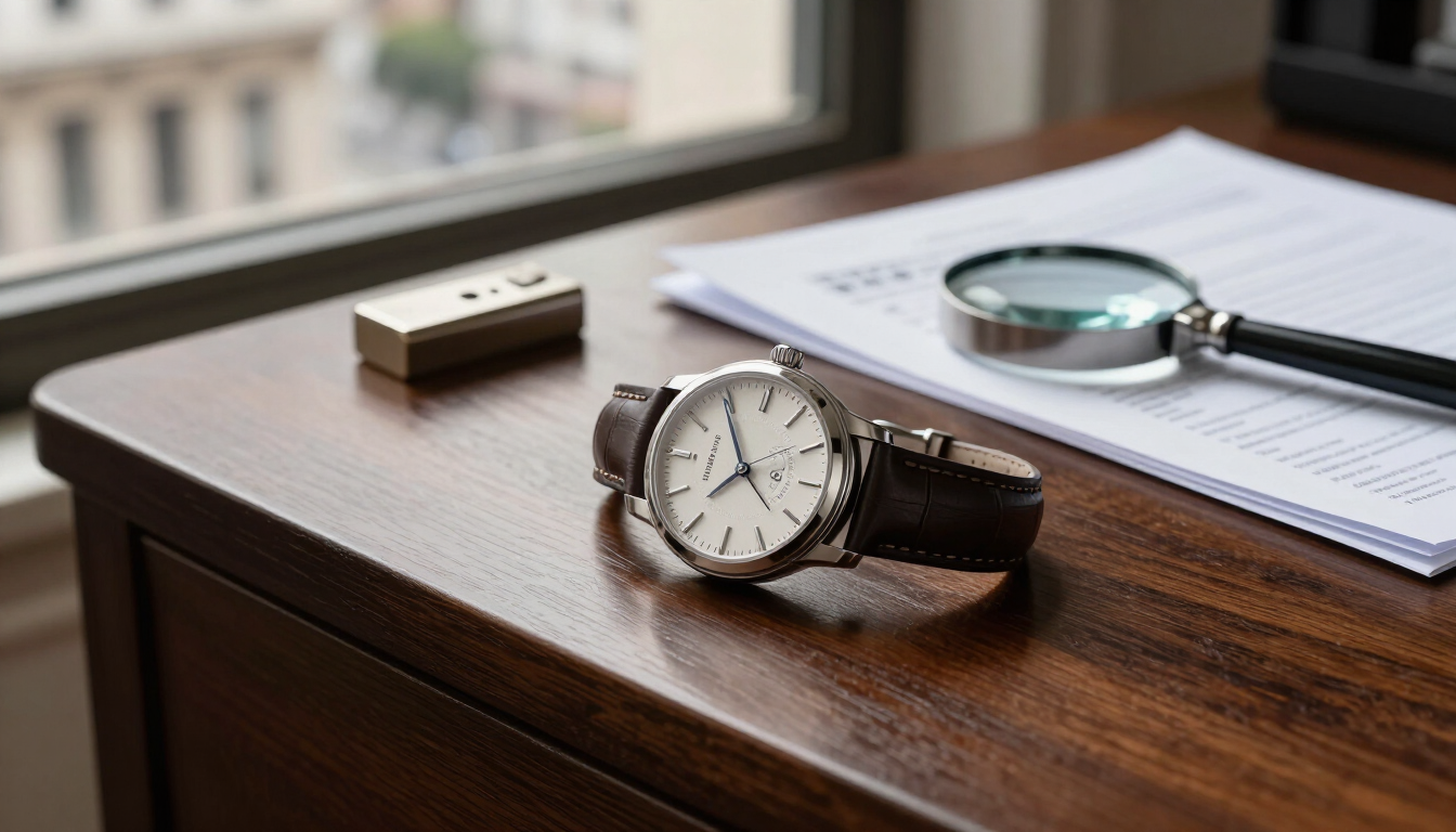 Escritorio de madera con un reloj de pulsera, unas gafas y unos papeles junto a una ventana