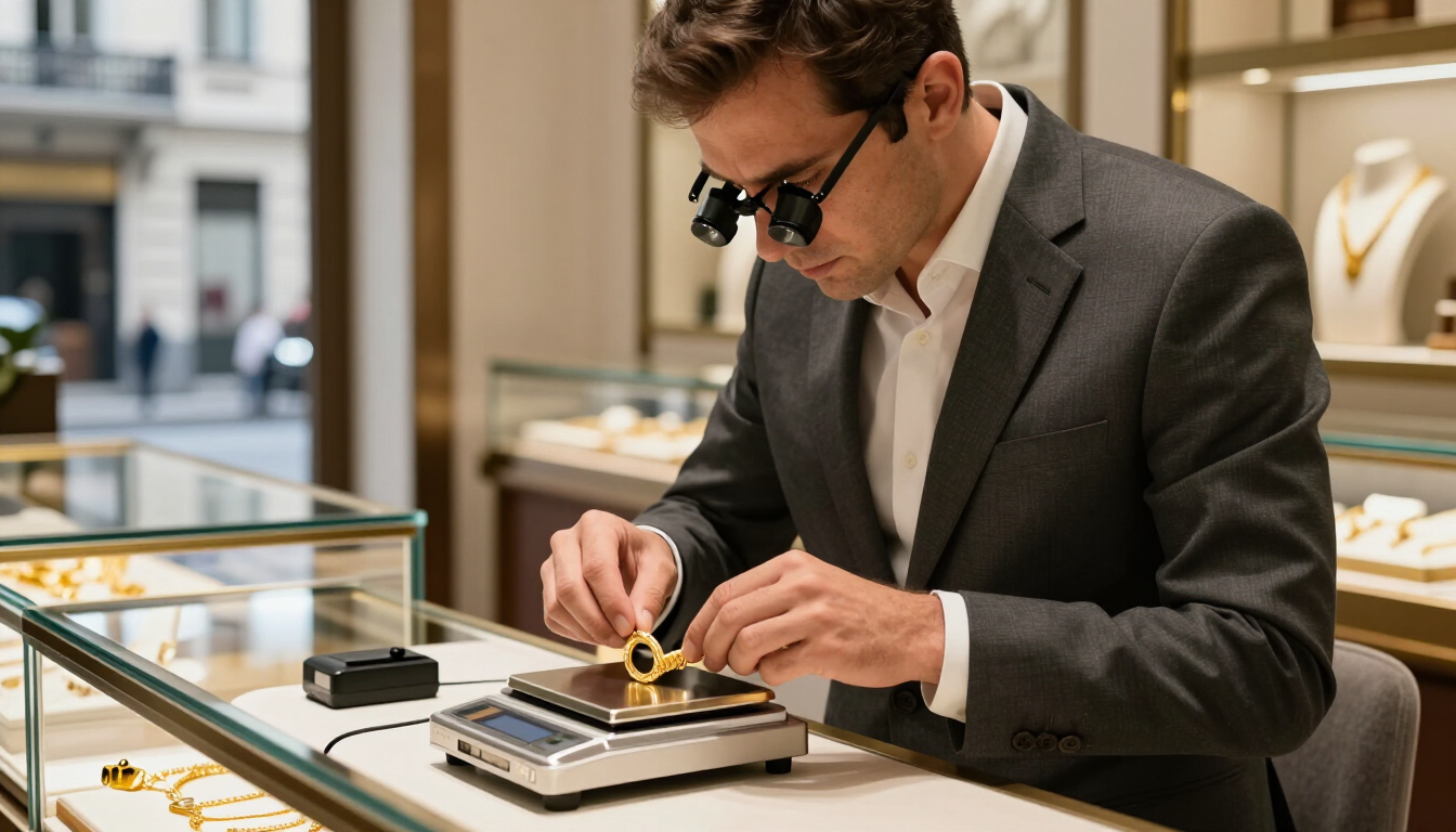 Hombre con traje ajustándose un reloj de oro en el mostrador de una joyería en una tienda luminosa