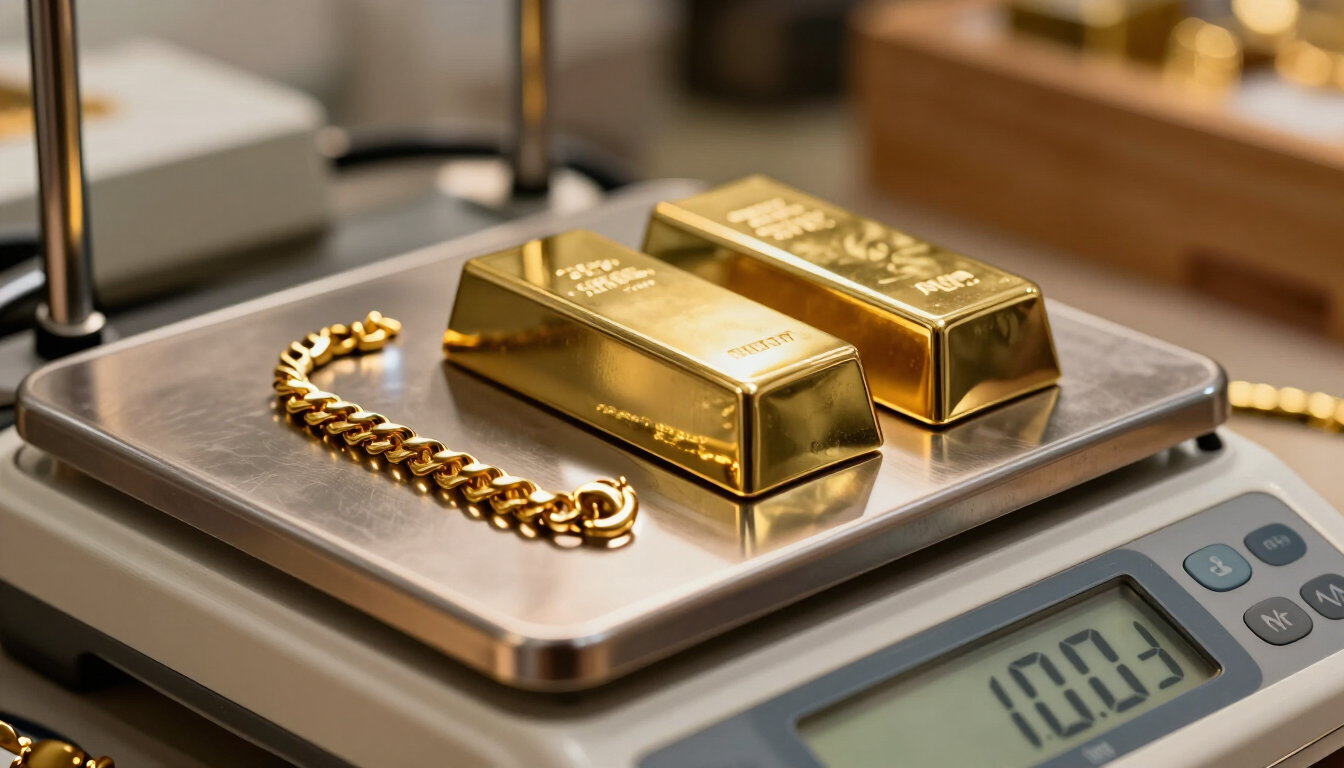 Lingotes de oro y una pulsera sobre una báscula digital, con una lectura de 100,7 gramos