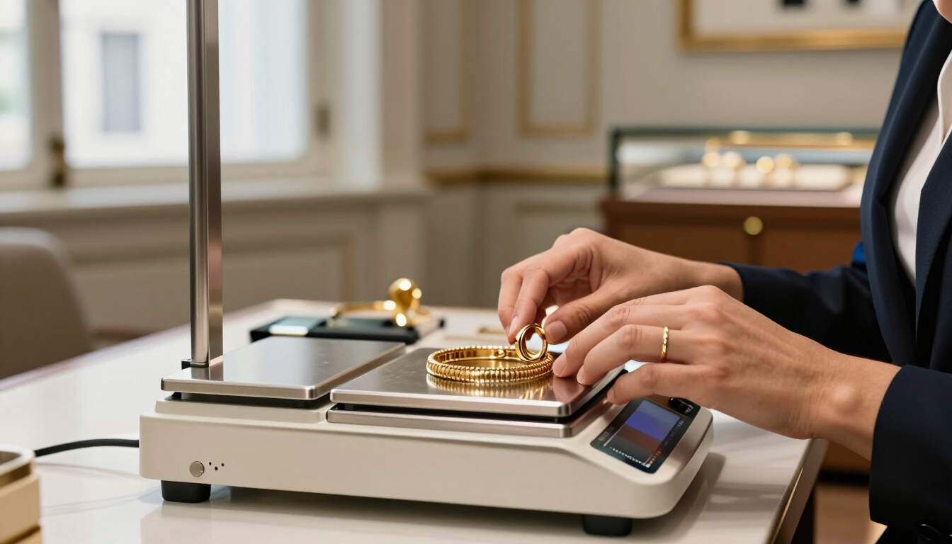 Manos colocando lingotes de oro en una báscula digital en una oficina elegante