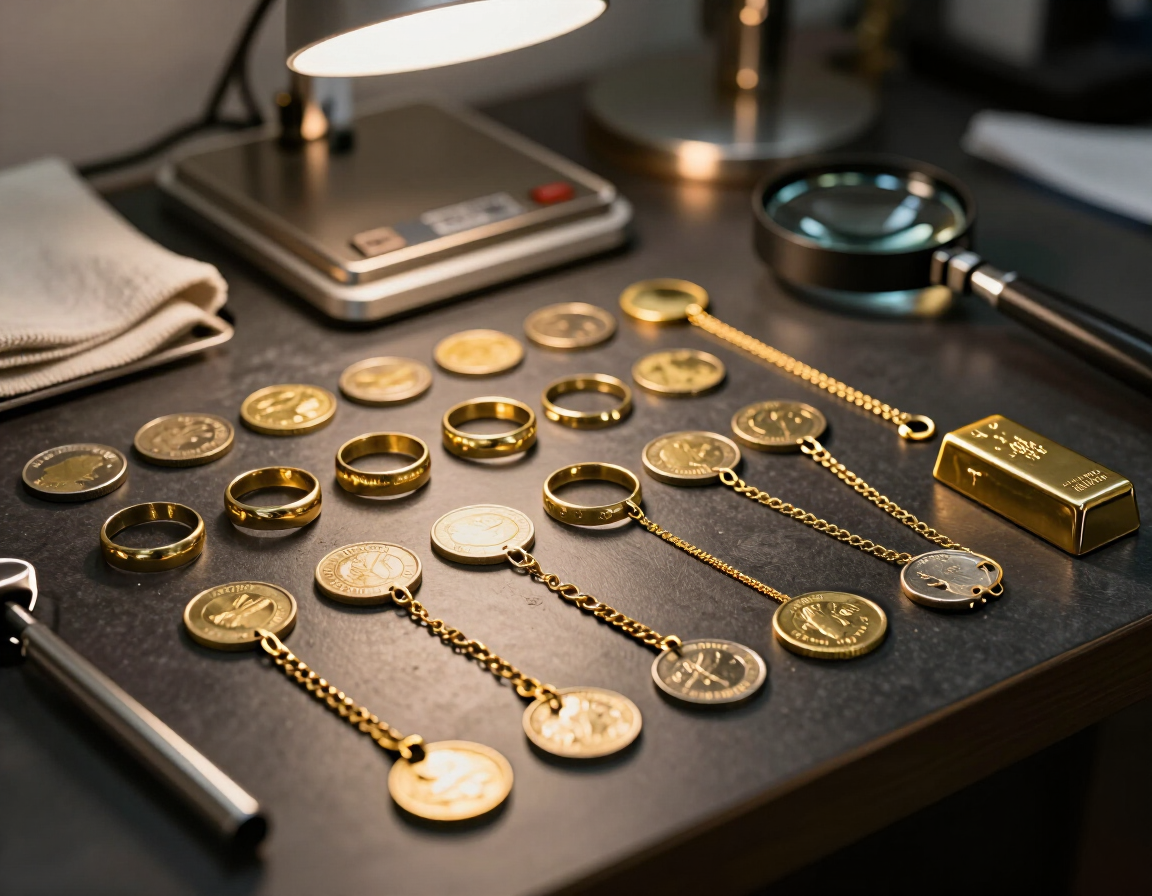 Joyas de oro dispuestas sobre un escritorio oscuro, con anillos, cadenas, un reloj y un lingote de oro bajo una luz cálida