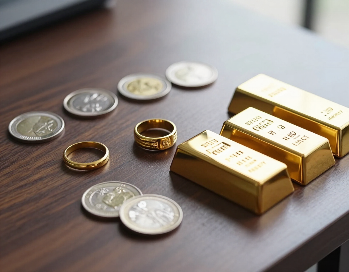 Lingotes y monedas de oro, y dos anillos de oro sobre una mesa de madera
