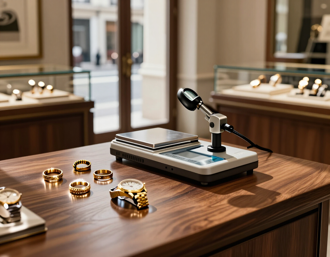 Mesa de exhibición de joyas con anillos de oro y un reloj sobre un mostrador de madera bajo focos