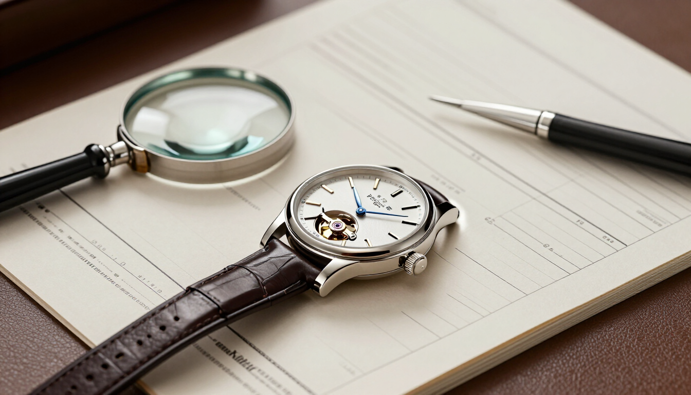 Un reloj, una lupa y una pluma estilográfica sobre una página abierta de un cuaderno.