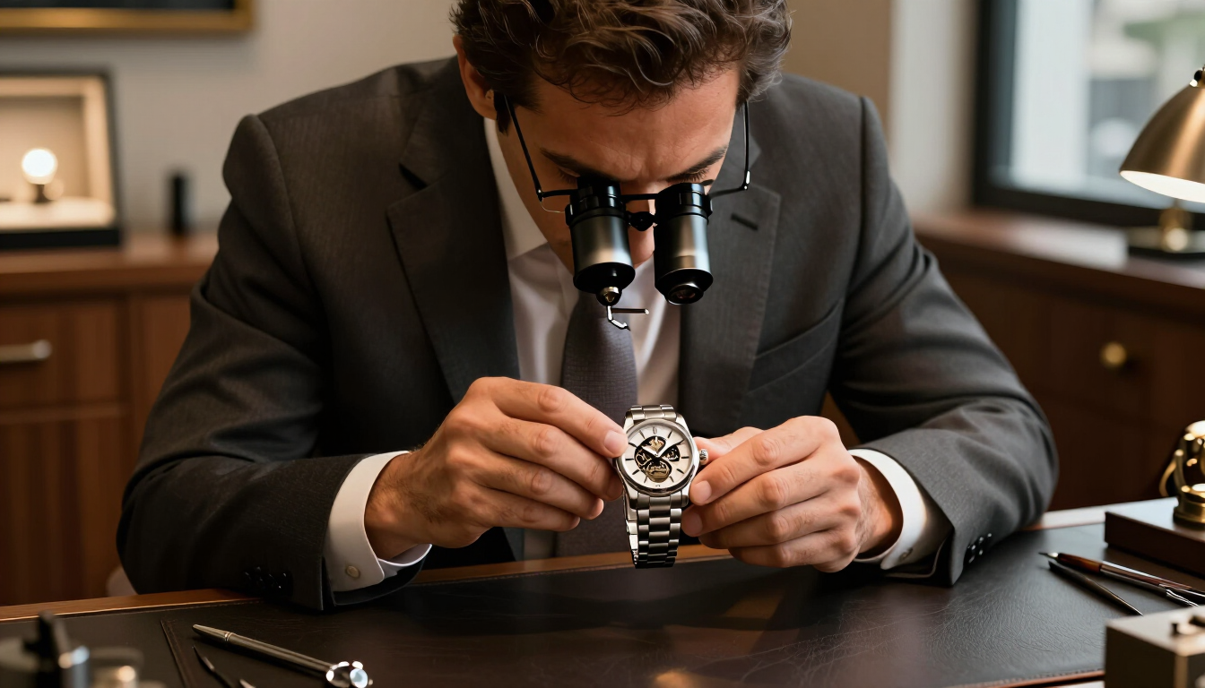 Hombre examinando un reloj de pulsera plateado con una lupa en un escritorio, en una oficina con luz cálida